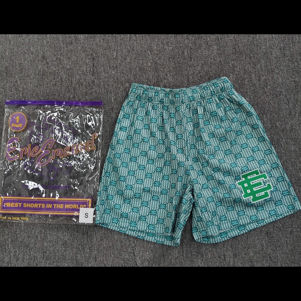 Eric Emanuel Teal Patterned Men's Athletic Shorts with Green Logo Patch